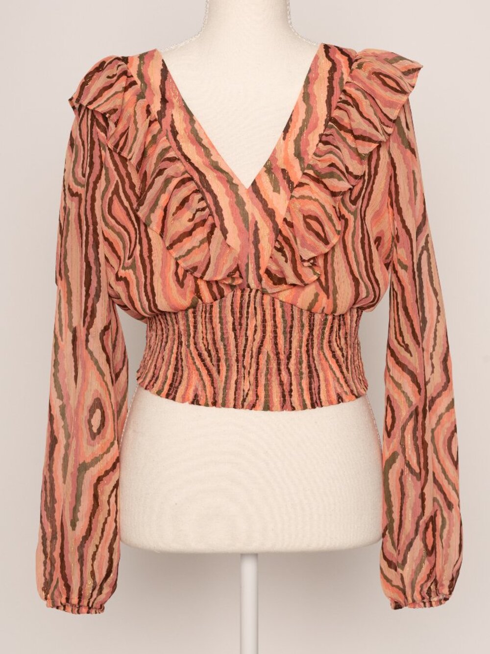 Bar III Pink V-Neck Bell Sleeve Ruched Waist Blouse Medium Mod Retro Dopamine